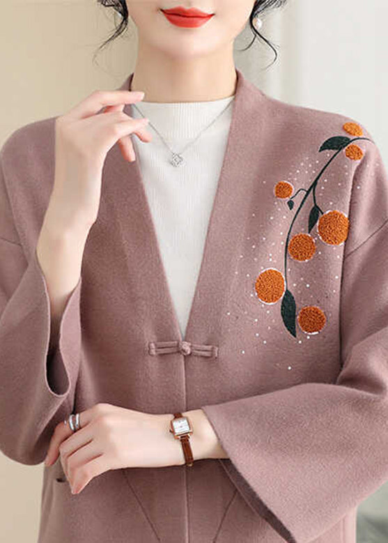 Pink Print Button Solid Cotton Knit Coat Spring TA023