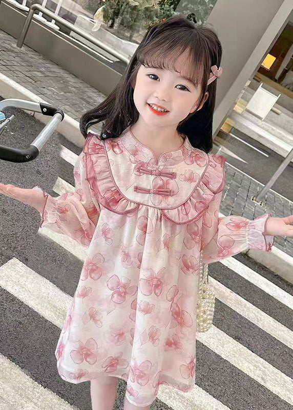 Pink Print Patchwork Cotton Girls Dresses Stand Collar Fall XZ088