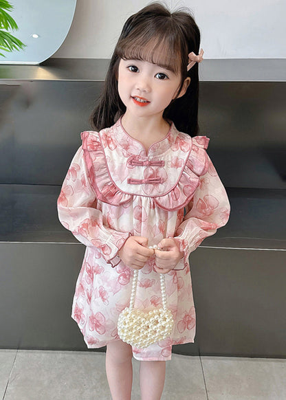 Pink Print Patchwork Cotton Girls Dresses Stand Collar Fall XZ088