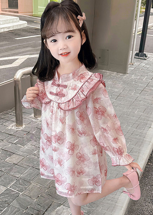 Pink Print Patchwork Cotton Girls Dresses Stand Collar Fall XZ088