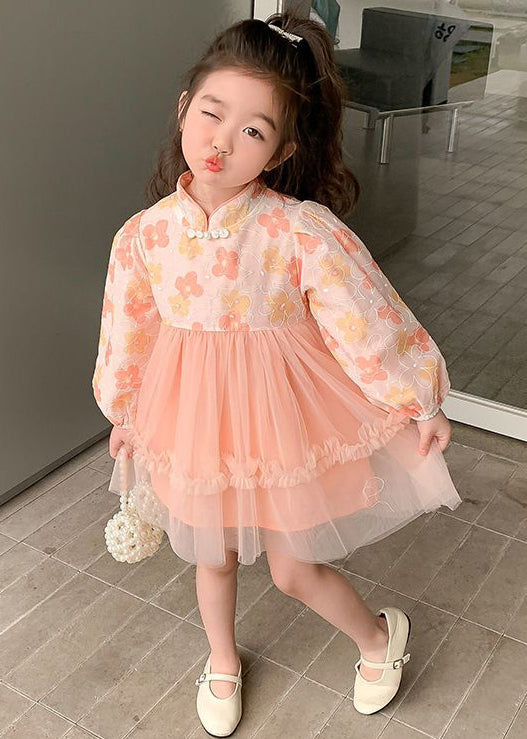 Pink Tulle Patchwork Girls Dress Ruffled Long Sleeve XZ094