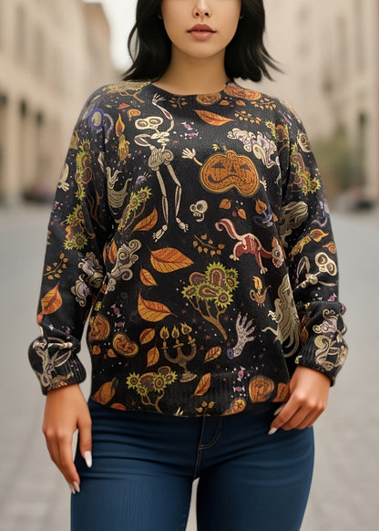 Übergröße Schwarzer O-Ausschnitt Print Strick-Baumwollpullover Herbst AE1017