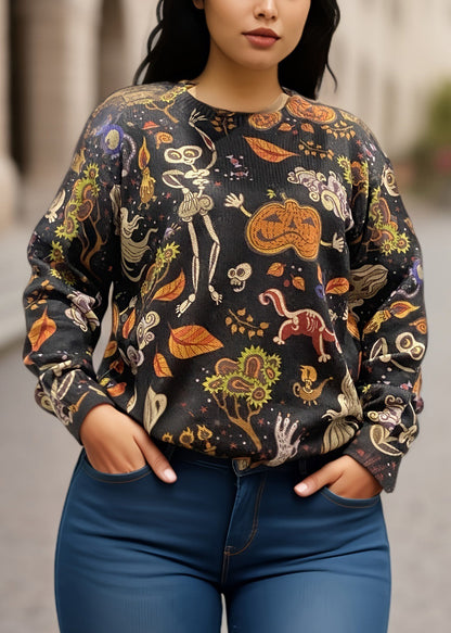 Übergröße Schwarzer O-Ausschnitt Print Strick-Baumwollpullover Herbst AE1017