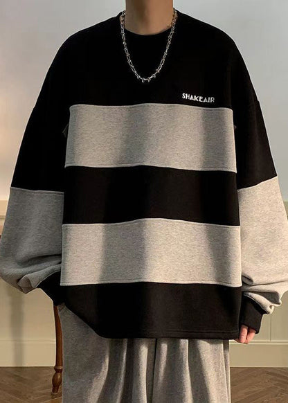 Plus Size Black Striped Patchwork Cotton Men Sweatshirt Fall RP059