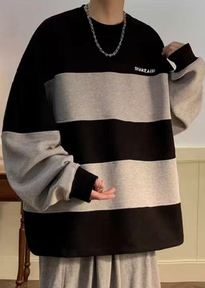 Plus Size Black Striped Patchwork Cotton Men Sweatshirt Fall RP059