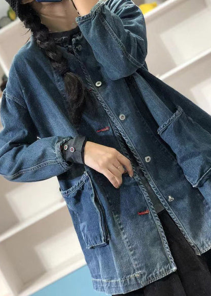 Plus Size Blue O Neck Pockets Button Patchwork Denim Coat Fall OO004