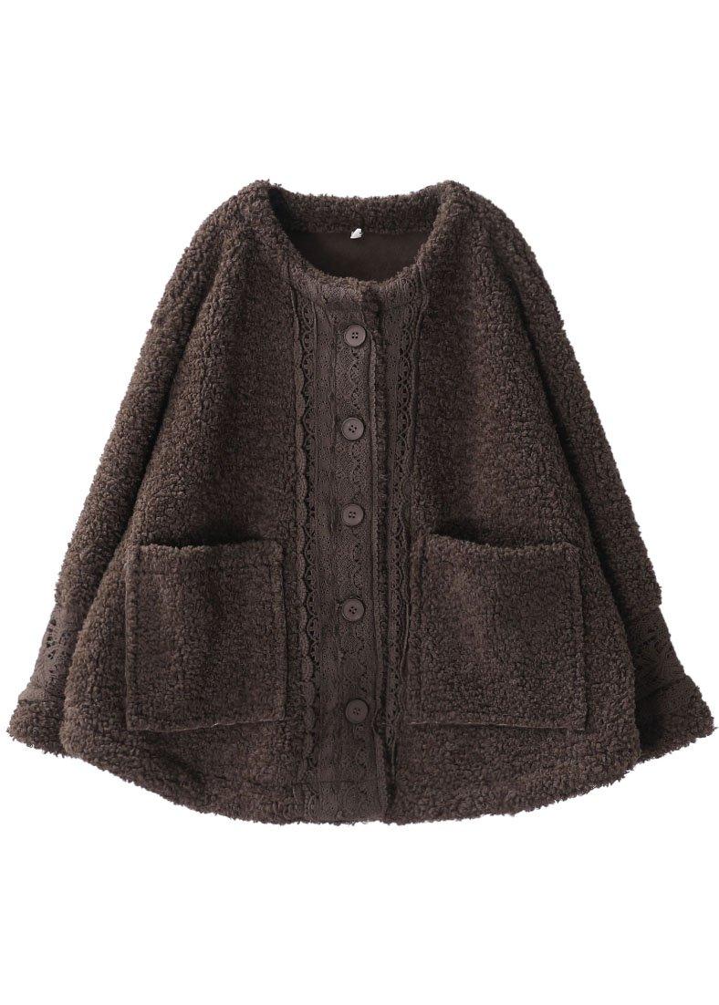 Plus Size Coffee O-Neck Pockets Casual Fall Winter Thick Coats Long sleeve QS042