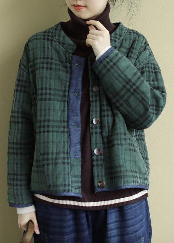 Plus Size Green Plaid Button Patchwork Winter Jackets Long sleeve QS049