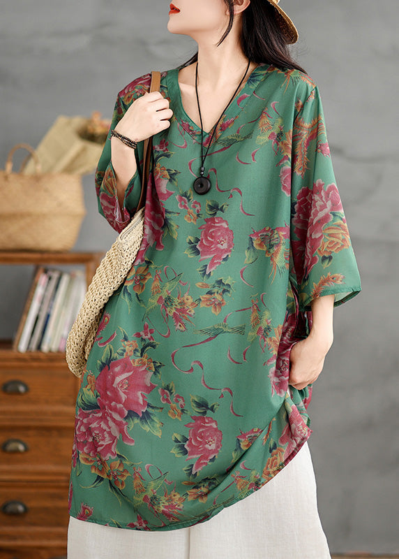 Plus Size Green V Neck Print Cotton Mid Dress Summer LK019