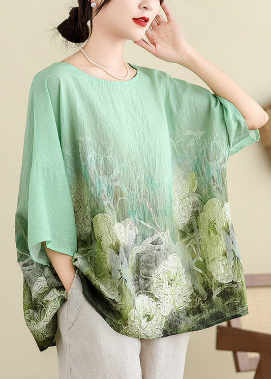 Plus Size Light Green O Neck Print Cotton T Shirt Batwing Sleeve JH055