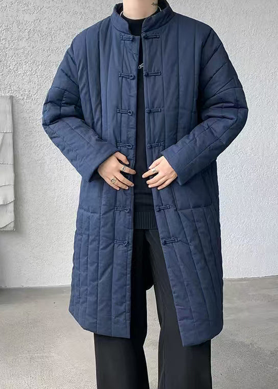 Plus Size Navy Chinese Button Pockets Men Parka Winter RJ013