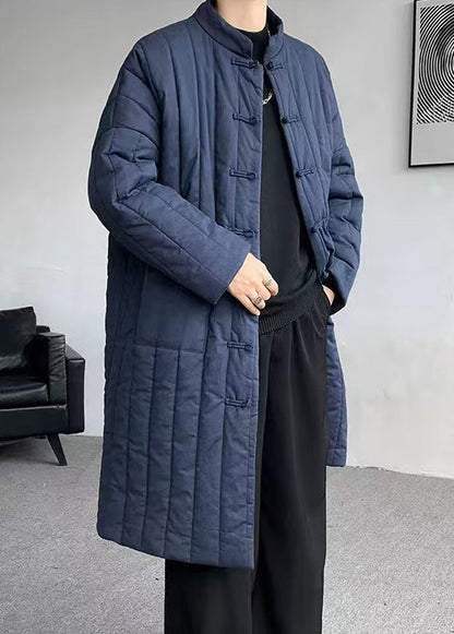 Plus Size Navy Chinese Button Pockets Men Parka Winter RJ013