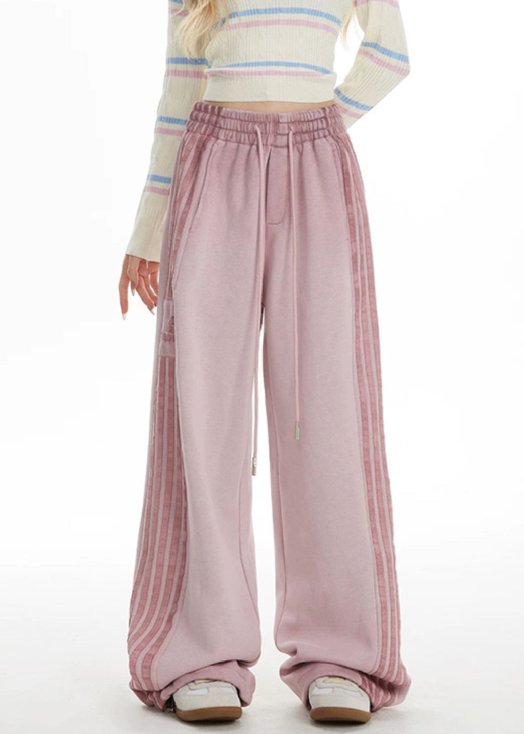 Plus Size Pink Striped Elastic Waist Wide Leg Pants Spring TA050