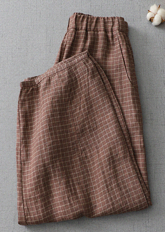 Pantalon court en lin à taille élastique avec poches à carreaux grande taille pour l'été AU1035