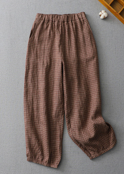 Plus Size Plaid Pockets Elastic Waist Linen Crop Pants Summer AU1035