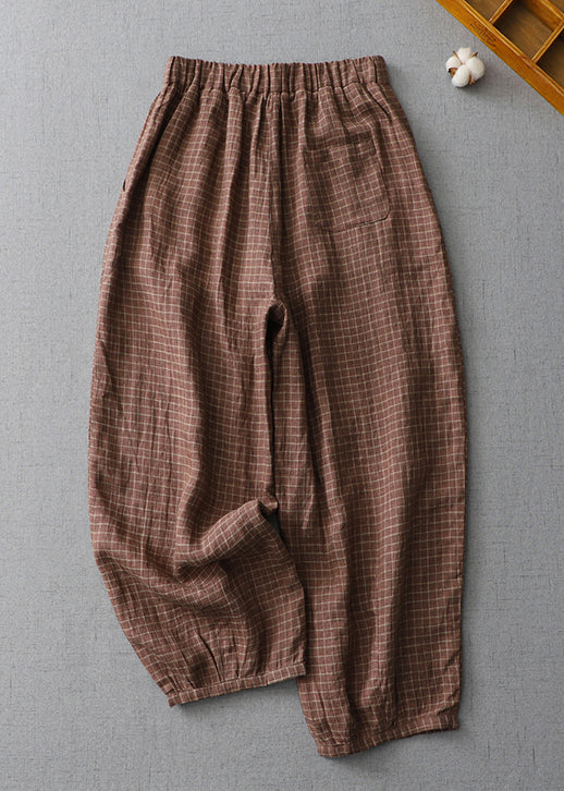 Pantalon court en lin à taille élastique avec poches à carreaux grande taille pour l'été AU1035