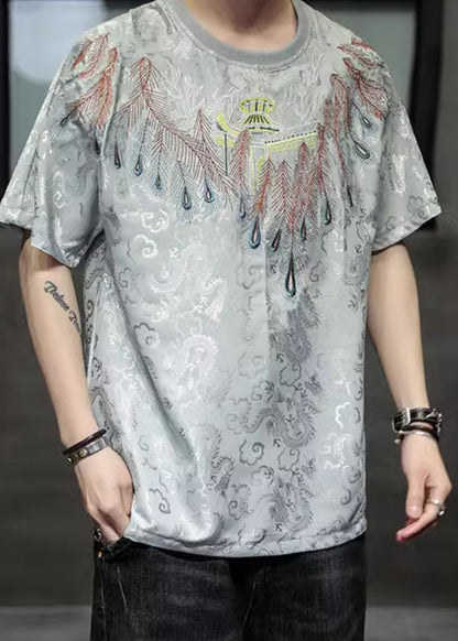 Plus Size White O-Neck Embroideried Ice Silk Men T Shirt Summer HG005