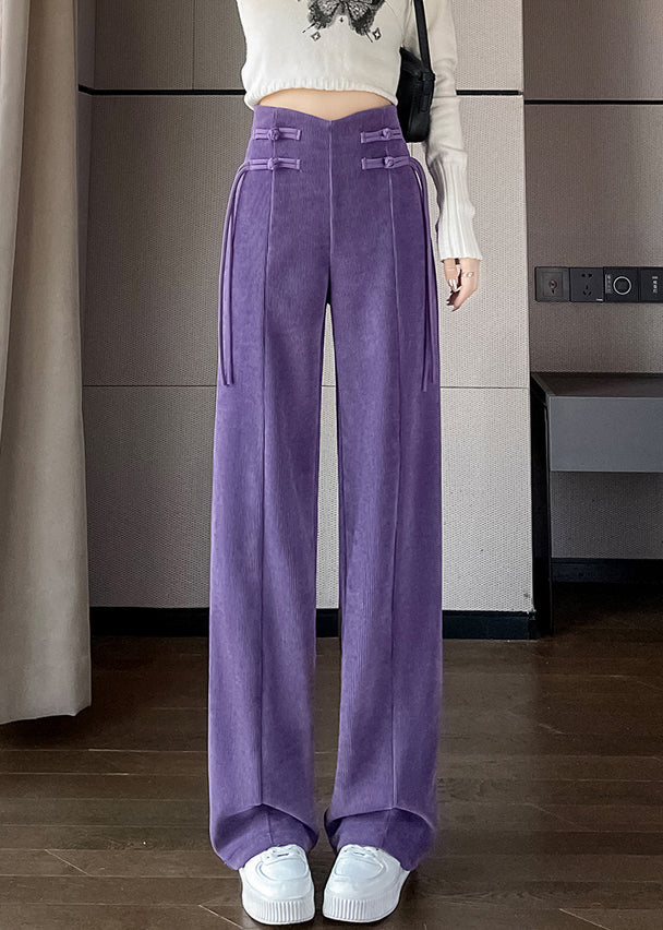 Purple Button Solid Corduroy Pants Elastic Waist Spring RZ011