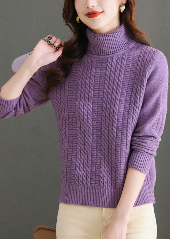 Pull col roulé violet en tricot épais et confortable pour l'hiver WL011