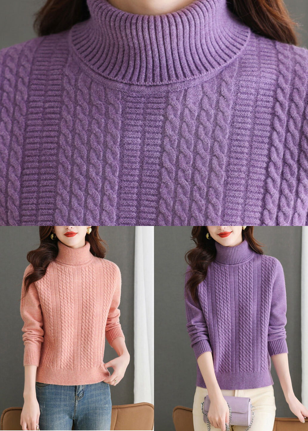 Purple Cozy Thick Knit Sweaters Turtleneck Winter ER018