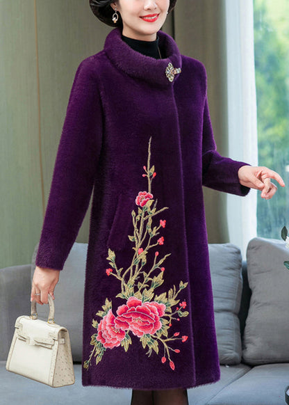 Purple Mink Velvet Long Coats Print Button Spring TA032