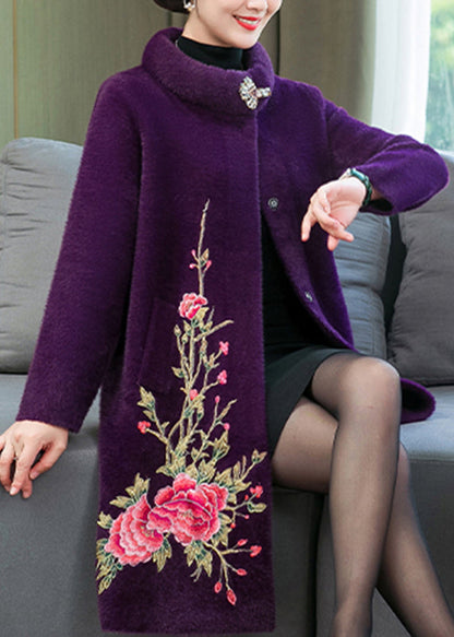 Purple Mink Velvet Long Coats Print Button Spring TA032