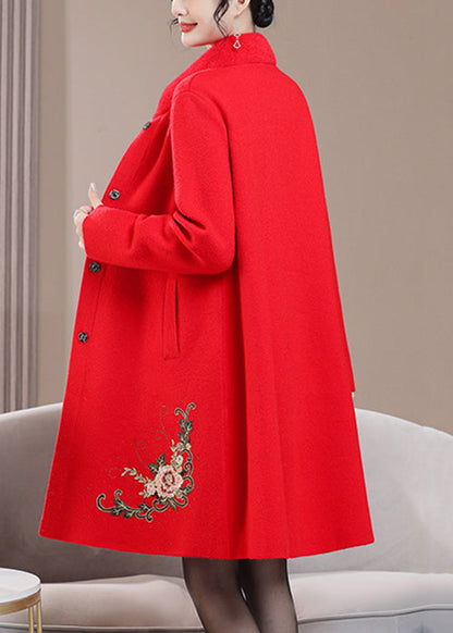 Red Pockets Zircon Wool Spring Coats Stand Collar RZ021