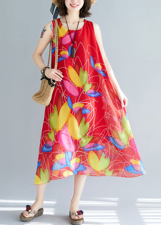 Red Print Chiffon Holiday Dresses O Neck Summer JH042