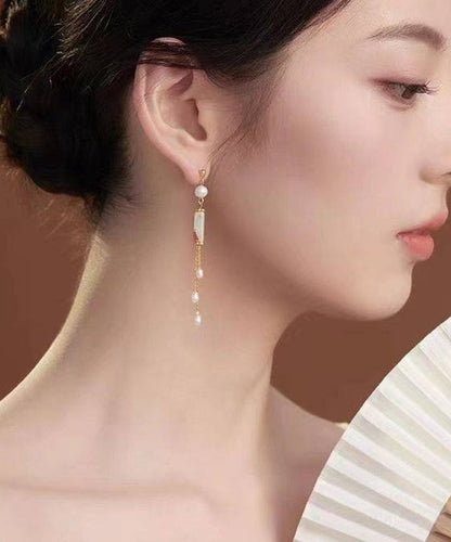 Regular White Sterling Silver Overgild Pearl Tassel Drop Earrings QI072