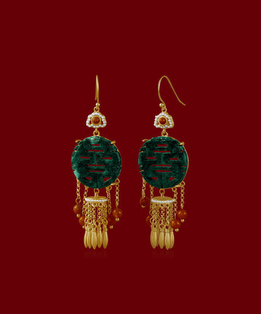 Boucles d'oreilles pendantes rétro vert noirâtre avec perles incrustées d'or antique et d'agate de jade PO029