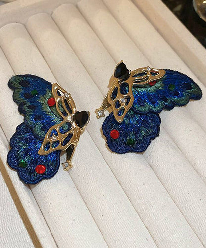 Retro Blue Alloy Zircon Woven Asymmetrical Butterfly Hoop Earrings RA041