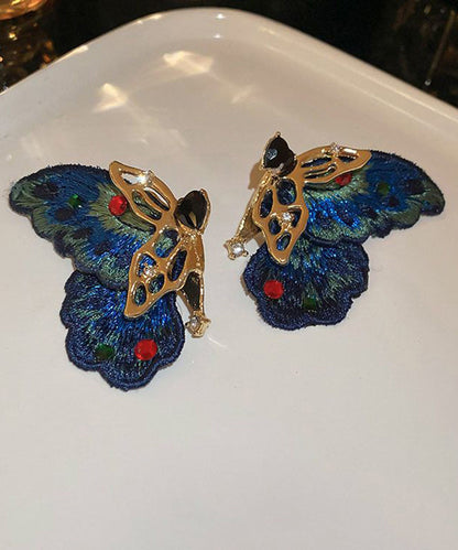 Retro Blue Alloy Zircon Woven Asymmetrical Butterfly Hoop Earrings RA041