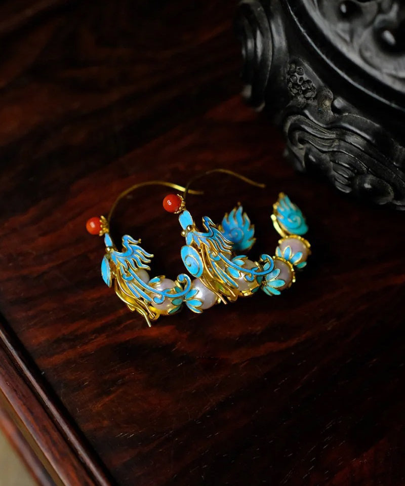 Boucles d'oreilles créoles en forme de dragon en émail et perles d'agate bleue rétro WQ005