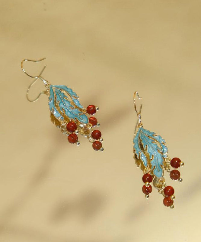 Boucles d'oreilles pendantes en argent sterling et agate cloisonnée bleu rétro QQ043