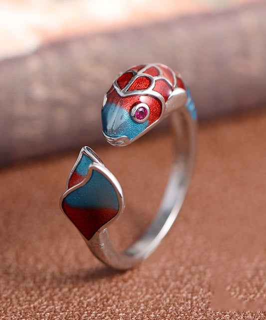 Retro Colorblock Open Sterling Silver Cloisonne Brocaded Carp Rings YI018