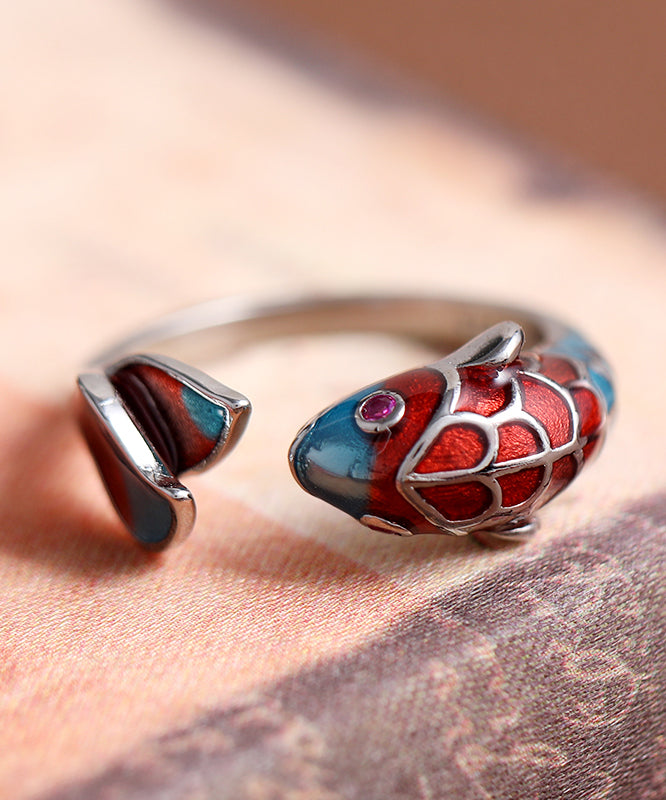 Retro Colorblock Open Sterling Silver Cloisonne Brocaded Carp Rings YI018