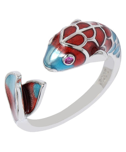 Retro Colorblock Open Sterling Silver Cloisonne Brocaded Carp Rings YI018