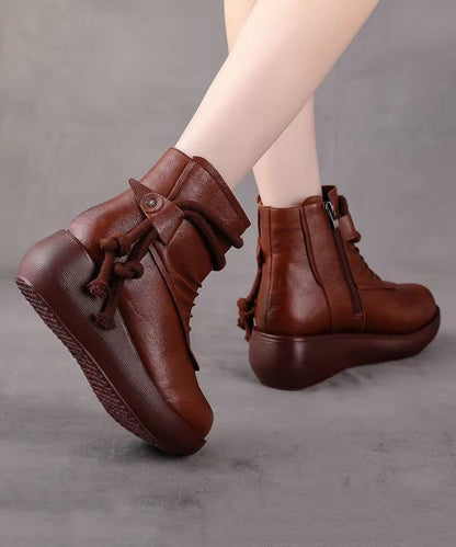 Retro Comfy Splicing Wedge Boots Brown Faux Leather YR041