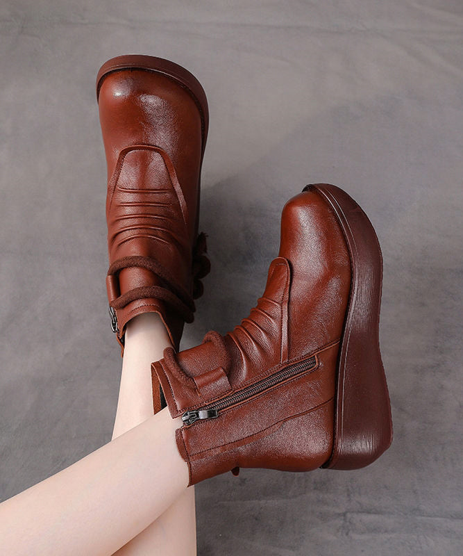 Retro Comfy Splicing Wedge Boots Brown Faux Leather YR041