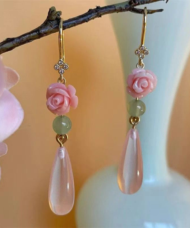 Retro Pink Sterling Silver Overgild Water Drop Rose Drop Earrings AC1079