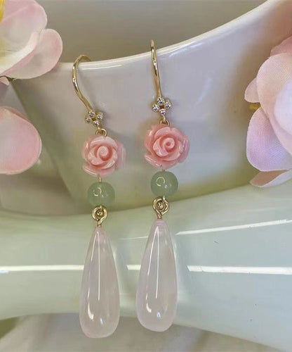 Boucles d'oreilles pendantes en argent sterling rose rétro avec motif goutte d'eau AC1079