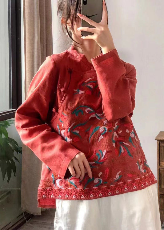 Retro Red Stand Collar Embroidered Linen Shirt Long Sleeve LK027