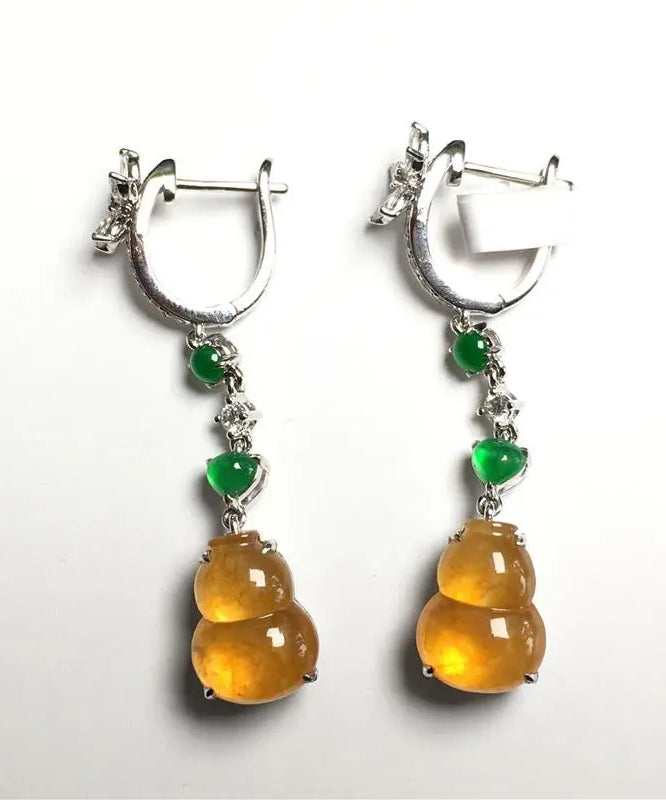 Boucles d'oreilles pendantes rétro en argent sterling jaune et zircone avec gourde en jade AC1049