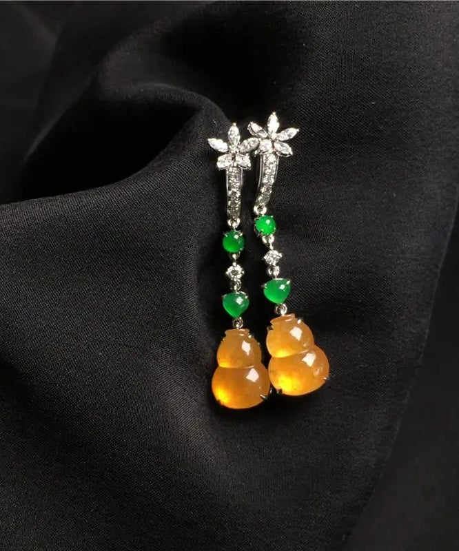 Boucles d'oreilles pendantes rétro en argent sterling jaune et zircone avec gourde en jade AC1049