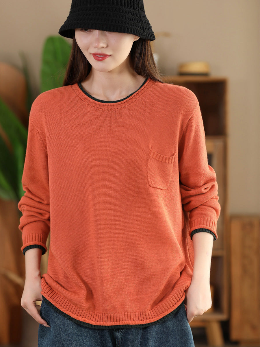 Women Autumn Casual Colorblock O-Neck Cotton Knit Blouse AI1068