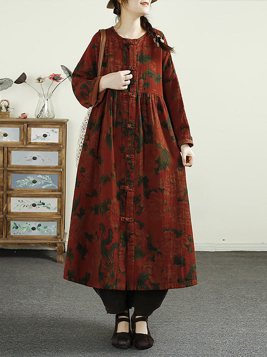 Women Ethnic Flower Button Linen Shirt Coat AI1017