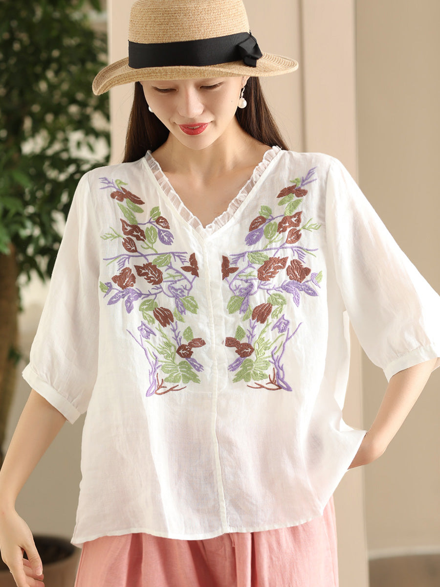 Women Summer Vintage Flower Embroidery Lace Ramie Shirt FD044