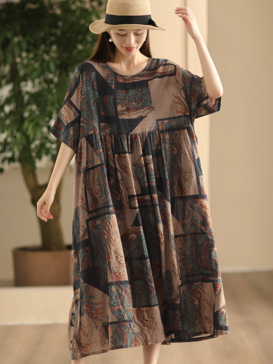 Women Summer Vintage Flower Linen Loose Dress FD043