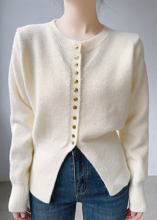 Simple Beige O Neck Button Patchwork Cotton Knit Tops Fall TU055