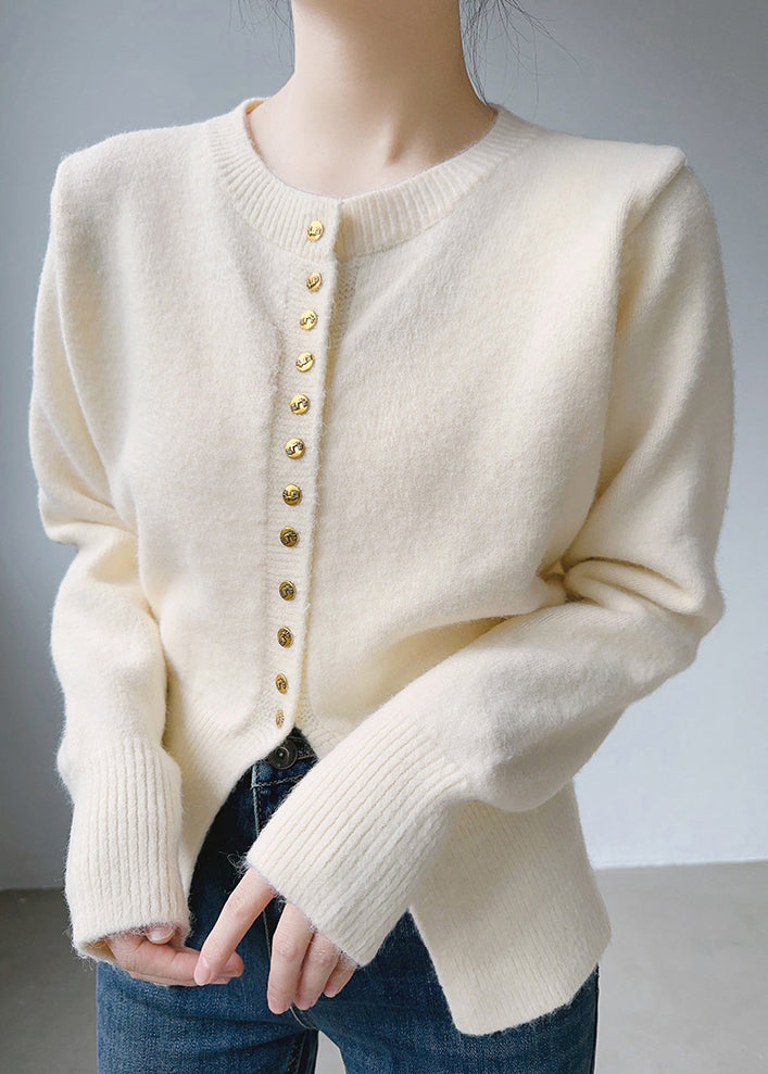 Simple Beige O Neck Button Patchwork Cotton Knit Tops Fall TU055